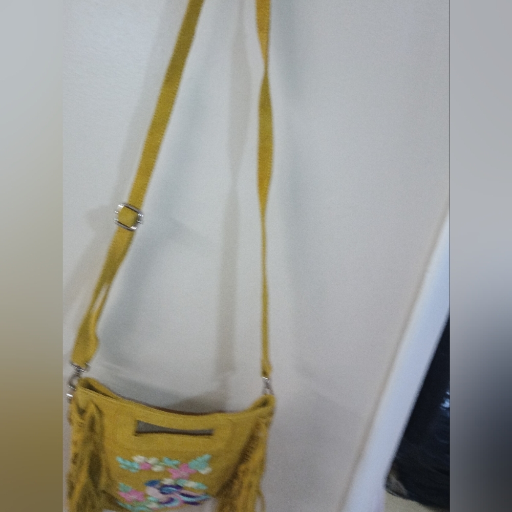 Embroidered Yellow Crossbody Bag with Fringe - Picture 9 of 14
